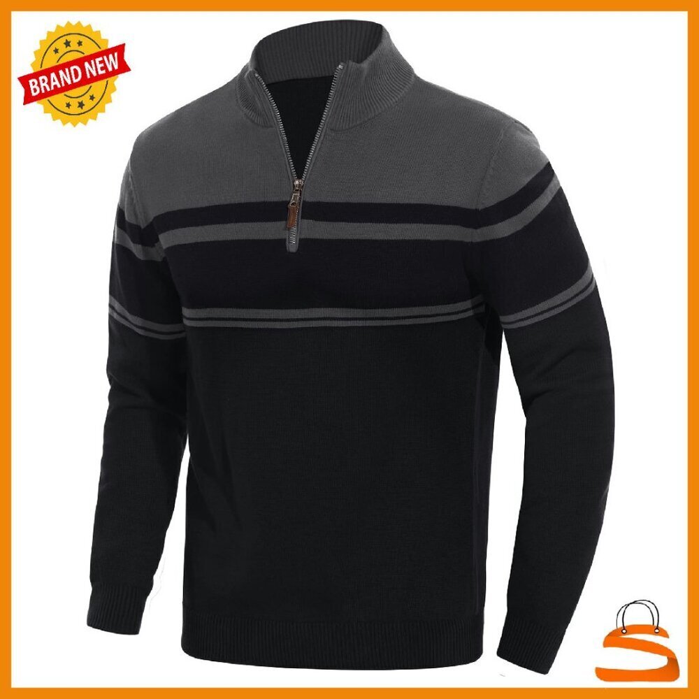 Men's Quarter Zip Pullover Sweater Striped Knitted Turtleneck Winter Golf